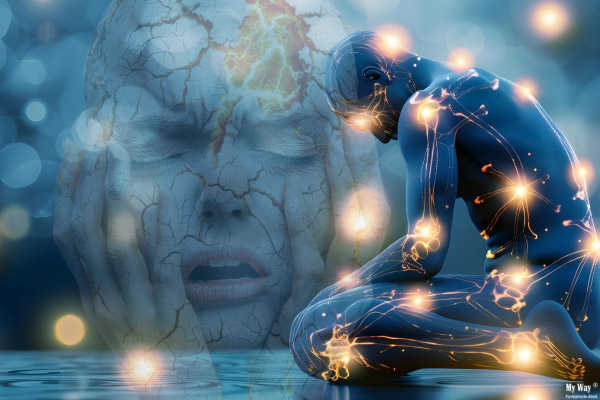 Visualisierung von Fibromyalgie mit erschöpfter Person und leuchtenden Nervenbahnen als Symbol für chronische Schmerzen und die Belastung des Nervensystems