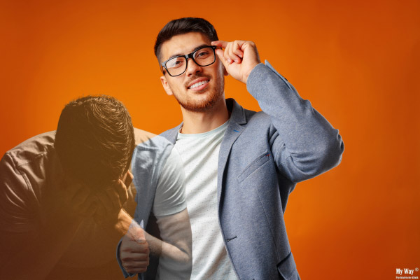 Ein junger, dynamischer Mann mit hochfunktionaler Persönlichkeitsstörung wirkt einerseits agil und positiv, anderseits sinkt der ein einem überlagernden Bild in sich zusammen