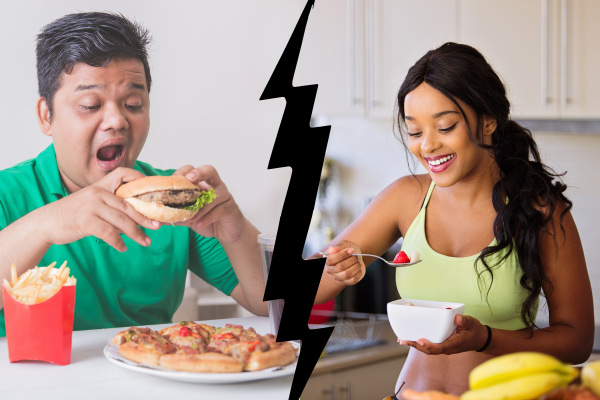 Ein schwarzer Blitz trenn das Bild in zwei Hälften – auf der linken Seite sitzt ein Mann an einem Tisch und isst einen Burger und hat eine Pizza, Pommes und Coa vor sich stehen. Auf der rechten Seite steht eine Frau, die Obst aus einer Schüssel isst.