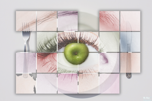 Mehrfarbige Collage aus mehreren Bildfeldern mit einem Auge, dessen Iris wie ein grüner Apfel gestaltet ist, kombiniert mit Besteck und Teller als Symbol für Esskultur und Wahrnehmung