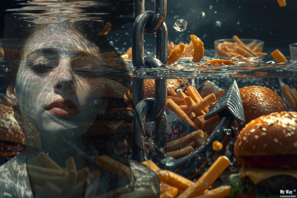 Symbolbild für Essstörung und Identitätskonflikt, Gesicht einer Frau unter Wasser zwischen Fast-Food wie Burgern und Pommes, verbunden mit einem Anker als Zeichen für inneren Halt