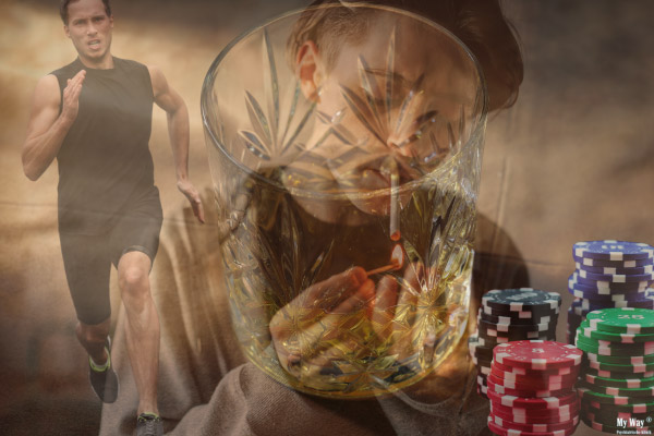 Mehrfachbelichtetes Bild mit laufendem Mann, trinkender Person mit Zigarette im Whiskyglas und Pokerchips als Symbol für Suchtverlagerung und Abhängigkeit