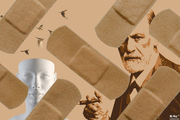 Illustration mit schwebenden Pflastern, einer weißen Schaufensterpuppe, dem Porträt von Sigmund Freud und fliegenden Vögeln als symbolische Darstellung von Psychotherapie, psychischer Heilung und innerer Veränderung