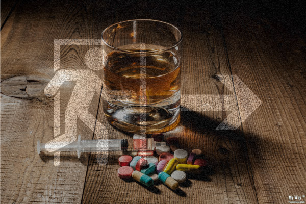 Über das Bild eines Whiskeyglases, Spritze, und ein paar Tabletten ist das Symbol für Notausgang gelegt