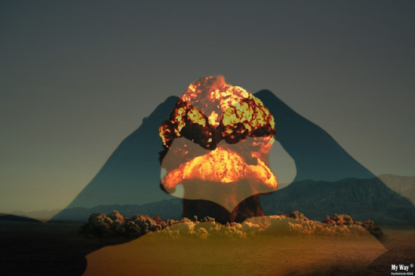 Doppelt belichtetes Bild von Händen, die ein Herz bilden, überlagert von einer Explosion, die dramatische Kontraste erzeugt und Love Bombing symbolisiert